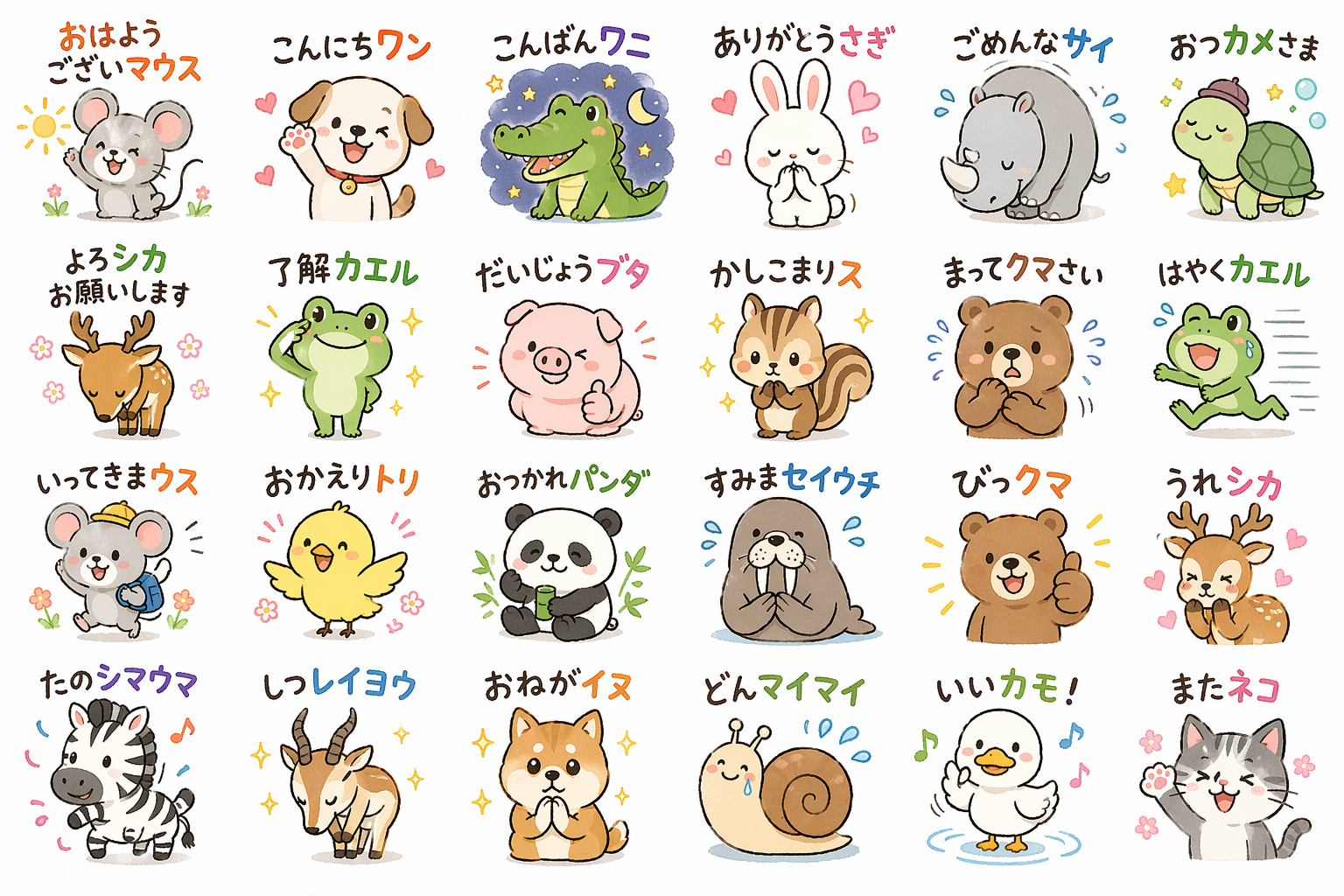 動物もじりLINEスタンプ24枚セット作品例 - おはようございマウス・こんにちワンなど