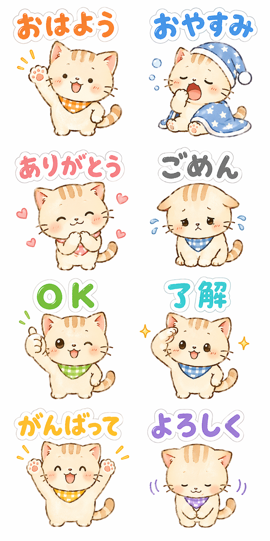 ゆるねこLINEスタンプ8枚セット作品例 - おはよう・ありがとう・OK・よろしくなど日常会話