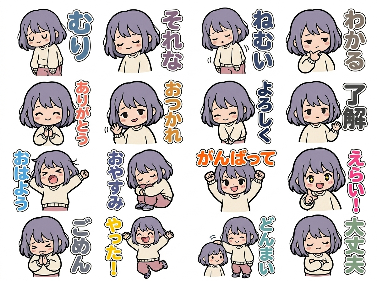 オリジナルLINEスタンプ16枚セット作品例 - 共感・ぼやき系キャラクターデザイン